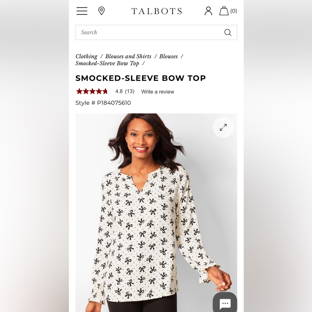 Talbots Smocked-Sleeve bowโ top- worn once- excellent condition. Retail 129